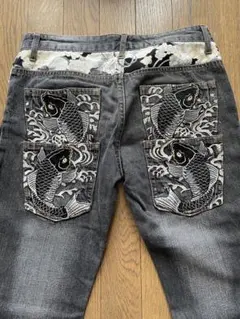 鯉柄刺繍入り 黒ジーンズ 雅結 LOT2 メンズ