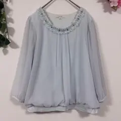 【SEIZE】 セーズ 七分袖 ブラウス 2 ライトブルー フリル パール