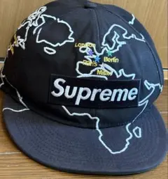 Supreme ワールドマップ 刺繍 キャップ ブラック