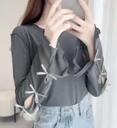 袖リボンスラブシアージャガードプルオーバー