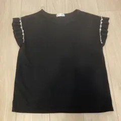 CRACCORON パール装飾 フリル袖 半袖Tシャツ ブラック