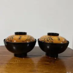 漆器 菓子器 喰籠 2客 セット 扇面 松鶴蒔絵 漆塗り 蓋付き 煮物椀