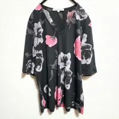 HANAE MORI 花柄 シャツ Vネック サイズL 透け感 春夏 日本製のサムネイル