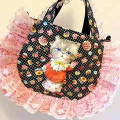 パネル三毛猫ちゃんレースフリルトートバッグ コヤンイサムチョン