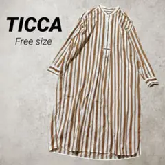 極美品！TICCA シャツワンピース バンドカラー ブラウン ストライプのサムネイル
