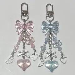 ビーズキーホルダー チャーム 水色 ピンク リボン 星 ハート 2個セット 韓国