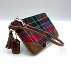 【COACH（コーチ）】リストレット ポーチ チェック柄 タッセル ブラウン