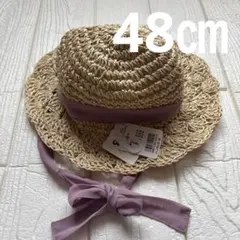 麦わら帽子 ベージュ 薄紫リボン　48㎝ 女の子　子供　キッズ　夏のサムネイル