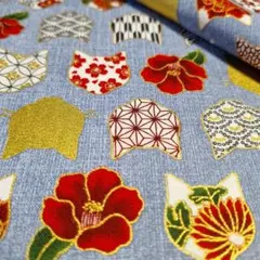★【QUILT GATE】猫華<和柄シーチング>生地 布 はぎれ[薄青系]