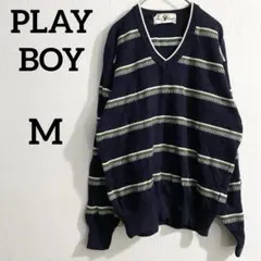 プレイボーイ PLAYBOY マルチボーダー柄 Vネック サマーニット 紺白緑のサムネイル