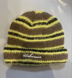ストライプニット帽・ビーニー　イエロー　ブラウン　ブラック　刺繍ロゴ　肉厚