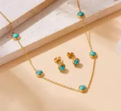 ピアスネックレス ラスト 2セット★幸運ターコイズゴールド サージカルステンレス