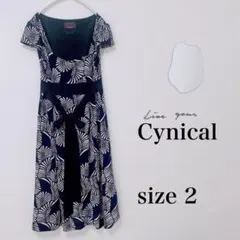 a609 シニカル ワンピース 総柄 レトロ 膝丈 エスニック リボン M 半袖