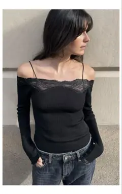 完売品⭐︎ZARA オフショルダーTシャツ S ブラック　レース