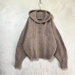 heather/フード付きニットセーター/F/模様編み ハーフボタン ベージュ