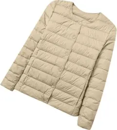 【特価】ベージュ ダウンジャケット L収納袋付　ラウンドネックVネック 2way