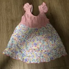 保育園にオススメ　ベビー用水着　90センチ　花柄×ストライプ柄　女児向け