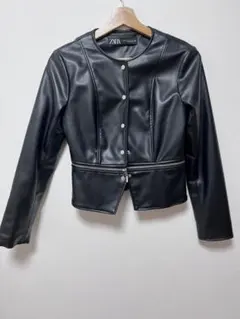 ZARA ブラック ペプラム/クロップドレザージャケット XS