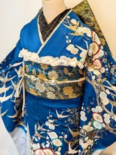 440薔薇　青　レース大胆華やか　地紋　正絹振袖7点フルセット成人式卒業式謝恩会 440薔薇 青 レース大胆華やか 地紋 正絹振袖7点フルセット成人式卒業