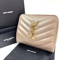 サンローラン 2つ折り財布 カサンドラ Vステッチ ロゴ金具 レザー ベージュ