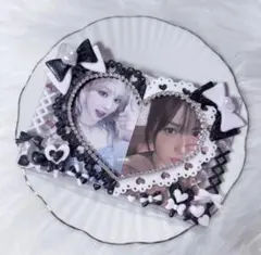 硬質ケースデコ ペアケース ハートフレーム リボン B7サイズ 黒 ピンク