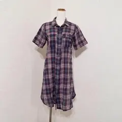 Shuca　半袖シャツワンピース　チェック柄【M】ネイビー系　薄手　春夏のサムネイル