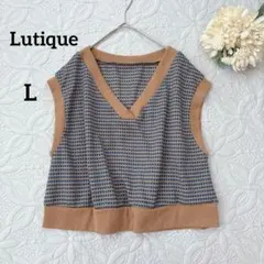 Lutique 総柄ニットベスト　L ブラウン/ネイビー　ショート丈　Ｖネック