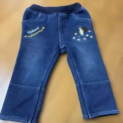 刺繍デザインのデニム風ロングパンツ　80裏起毛 あったかズボン