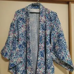 青色花柄小紋着物　シミあり