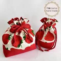 ハンドメイド【再販♡ラスト】いちご柄のお弁当袋・コップ袋のセット♪