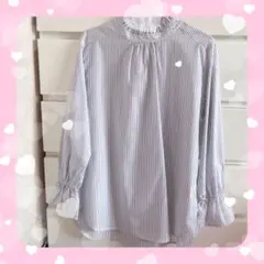 トップス ブラウス 通勤服 ストライプ ラメ ブラウス フリル 清楚 ブルー