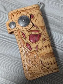 本革 長財布 　スカルモチーフカービングロングウォレット　パイソンヘビ革透かし