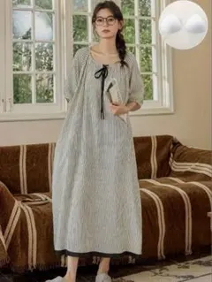 ルームウェア　ワンピース　ストライプ　リボン付き　ロングワンピース　パジャマ