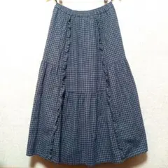 サマンサモスモス ギンガムチェック 綿麻縦フリルスカート ブルー グリーン