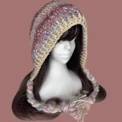 バラクラバ フード帽ピンク×アイボリーハンドメイド編み物帽子 一部モヘア調y2k