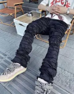 FLEXHOOD 黒デニムフレアパンツフリンジ加工