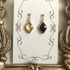 5991　ピアス ゴールド　ハンドメイド黄イヤリング可ブラック黒イエロードロップ