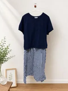 授乳口付き マタニティワンピース ネイビー ストライプ 産前産後のサムネイル