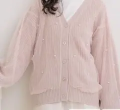 チュール付き ピンクVネックカーディガン パール可愛い韓国風ピンクカーディガン