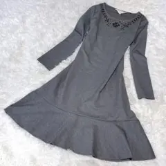 ローラアシュレイ ロングワンピース Aライン ビジュー グレー フレア 美品✨