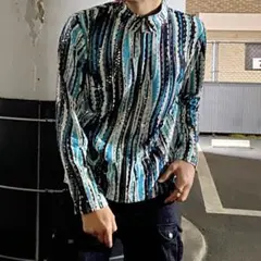 Y2K ユーロ調 幾何学ストライプ 総柄ブルゾン ショート丈 テック系 KA92