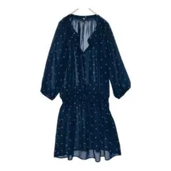 ユニクロ チュニック シフォンプリントワンピース 七分袖 M ネイビー 花柄