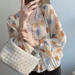 ブラウス ドット 水玉 ランタンスリーブ 日焼け止め シフォンブラウス 夏