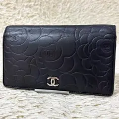 【良品】シャネル 長財布 ココマーク カメリアA36544 ブラック グレー