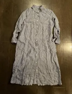 無印　青と白のストライプ 長袖シャツワンピース　リネン　Lサイズ