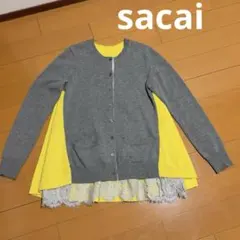 sacai サカイ　ニット x レース カーディガン ウール コットン グレー