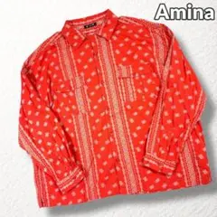 【Amina】総柄長袖シャツ ペイズリー エスニック オレンジ系 メンズ L相当