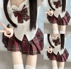 【新品匿名発送】女子高生JK 制服 コスプレ　スカート&シャツ&ネクタイ　赤　M