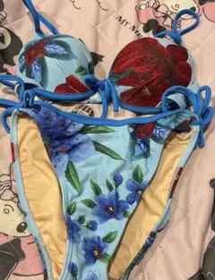 花柄　水着　青系　ビキニ　M