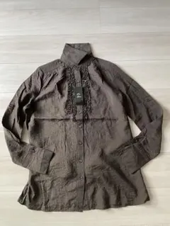 ブラウン フリル付き長袖シャツ Lサイズ